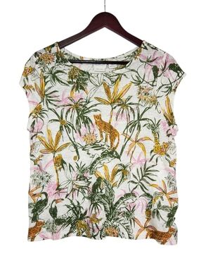 RACHEL ZOE LINEN TOP JUNGLE LEOPARD MONKEY TROPICAL CAP SLEEVE MEDIUM Safari